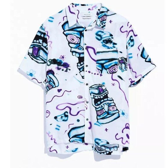 Urban Outfitters UO Face Print Short Sleeve Button-Down Shirt Men's XL - Picture 2 of 5